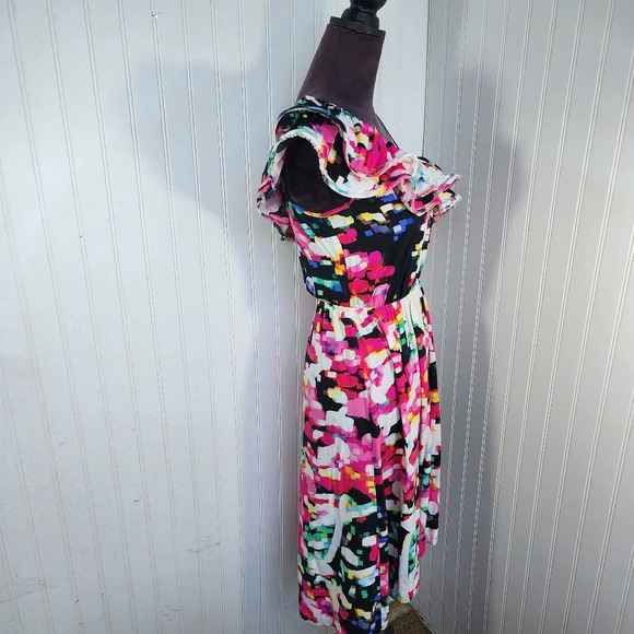 H&M Womens Dress sz 4 One Shoulder Bright Abstract Print Midi Ruffle Pink White - Picture 4 of 13